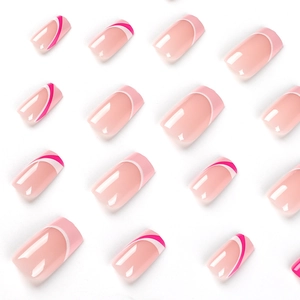 Pink and white French press on nails with elegant rosy tips and glossy finish