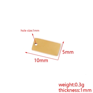 Detailed view of golden 5x10mm rectangular stainless steel pendant tag with dimensions