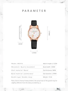 Detailed measurement guide for cute cat quartz watch with dimensions and specs