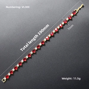 Detail view of heart-shaped ruby bracelet showing 190mm length and 7mm stone size
