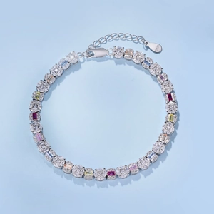 Elegant S925 sterling silver tennis bracelet with colorful zircon stones in rainbow palette