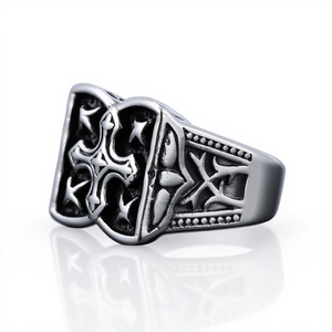 Retro gothic cross star ring for men in vintage silver finish stainless steel material