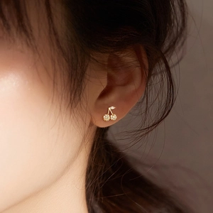 Cherry Stud Earrings Alloy Inlaid Cubic Zirconia With 925 Sterling Silver Earring Post Sweet Dainty Fruit Style For Women