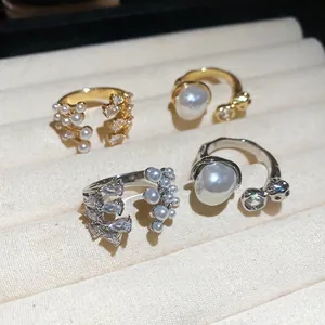 Vintage French multilayer pearl and zircon open rings in gold and silver finish