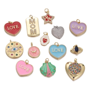 18K Gold Plated Copper Enamel Charms Heart Star Shape For DIY Jewelry Making Love Mom Lettering Romantic Pendants