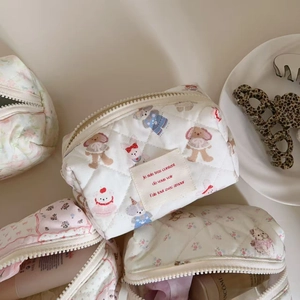 Quilted makeup bag set with cute bear rabbit floral prints and metal zipper closure