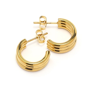 Three-layer C-shaped gold hoop earrings with a textured grooved design for women