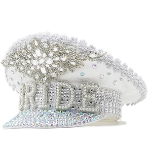 White Bride Captain Hat With Sequins Rhinestones Artificial Pearls BRIDE Lettering For Bachelorette Wedding Party Military Style