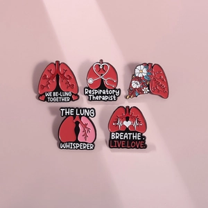 Five-piece red respiratory therapist enamel pin set featuring lung anatomy medical designs