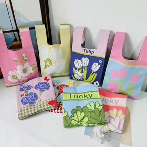 Women Knitted Tote Bag Floral Tulip Lucky Pattern Handheld Commuter Small Crochet Purse Sweet Fashion For Girls