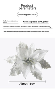 Detail of 16cm silver glitter poinsettia flower for Christmas tree DIY decorations