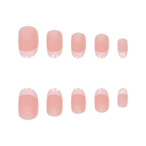 French tip press-on nails in white and nude pink with a glossy oval shape finish