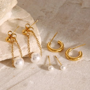 Stainless Steel Earrings Set Gold Plated Geometric Hoop Stud Chain Artificial Pearl Pendant Hypoallergenic Waterproof Trendy Jewelry