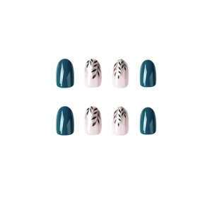 Blue and nude press-on nails with black leaf patterns and glossy oval shape finish