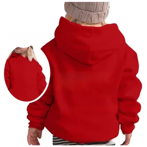 Detailed back view of red kids hoodie featuring white inspirational letter print