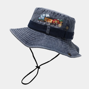 Detail of kids denim bucket hat with train embroidery and adjustable windproof strap