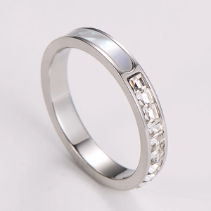 Detailed close-up of silver stainless steel ring with white shell and square zircon