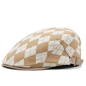 Classic vintage plaid ivy cap in khaki and beige tones with metal buckle closure