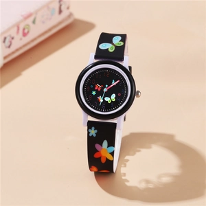 Montre à quartz pour enfants avec papillons bleus et fleurs sur bracelet en silicone