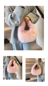 Detailed views of a plush pink faux fur handbag showing various carrying styles in winter