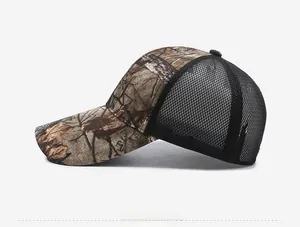 Side view of outdoor camouflage trucker hat with breathable mesh and forest leaf pattern
