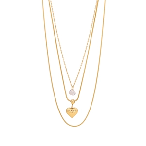 Three-layer gold titanium steel necklace featuring a crystal and metal heart pendant set