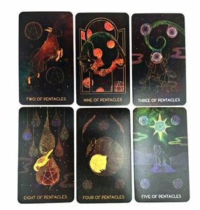 Close-up of six Sea Soul Journey Oracle cards showing animal motifs and pentacles on white background
