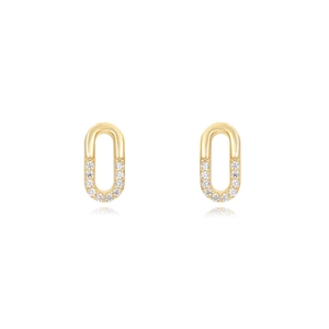 Elegant gold oval stud earrings with clear zircon crystals on white reflective background