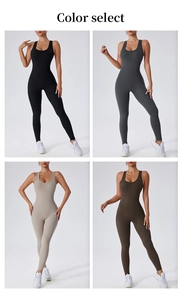 Detail showcasing yoga jumpsuit available in black, dark grey, beige, and brown colors