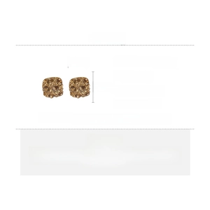 Detail view of gold-plated square rhinestone earrings showing 1.4cm dimensions and weight