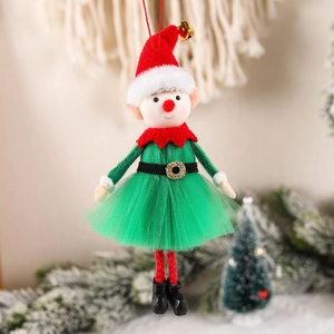 Christmas elf doll ornament with red and green tulle skirt for holiday tree decoration