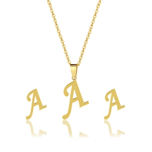 Golden stainless steel jewelry set featuring letter A pendant necklace and stud earrings