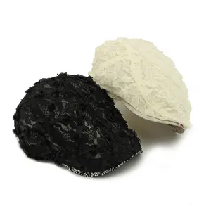Summer lace flower beret and peaked cap in black and beige with breathable floral mesh
