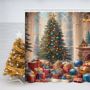 Detail of Christmas shower curtain featuring a festive tree, gift boxes and warm fireplace