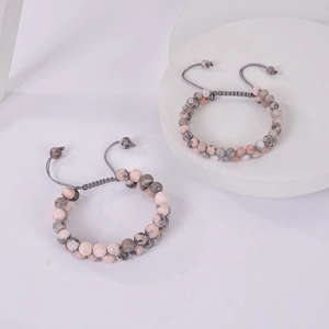 Pink zebra stone double-layer adjustable woven bracelet with natural stone beads