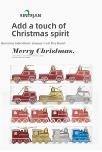 Red jeep and steam train Christmas ornaments in clear packaging with gold strings