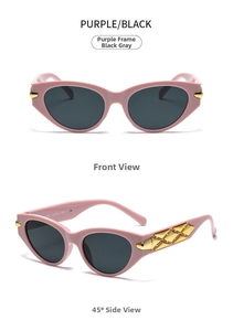 Detail view of purple cat-eye sunglasses featuring golden diamond ornaments on wide temples