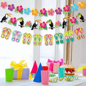 Hawaiian summer party banner featuring tropical flamingo and beach theme decorations