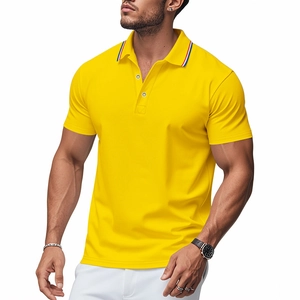 Detail of yellow cotton polo shirt featuring red white and blue striped collar lining