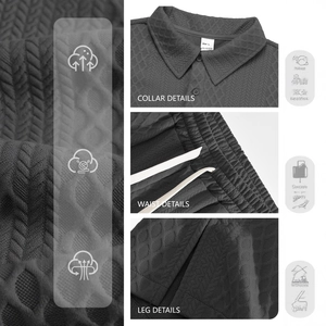 Men's dark grey waffle knit polo set featuring lapel collar and drawstring waistband detail