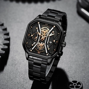Detail of TOLAKO square watch face with gold hands and metal strap on mechanical gears