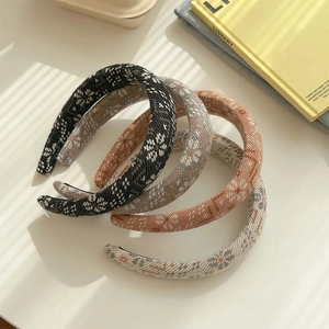 Vintage knitted floral headbands in black, grey, beige, and brown colors for women