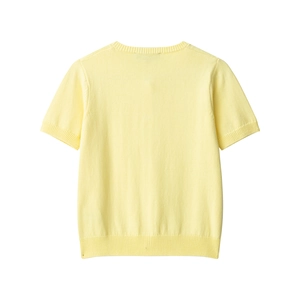 Pale yellow short sleeve knit cardigan with faux pearl bows on the back view