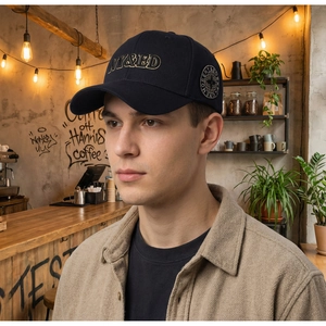 Detail of navy blue baseball cap with 3D NY&ED embroidery and round side patch