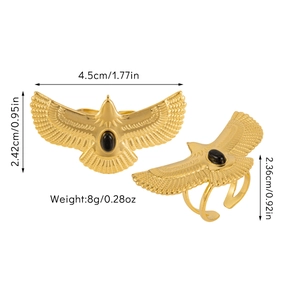 Detail of eagle open ring with black gemstone inlay and 4.5cm wingspan measurement