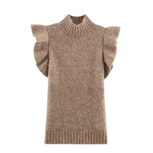 Débardeur En Maille Femme Sans Manches Col Montant Volants Manches Papillon Couleur Unie Élégant
