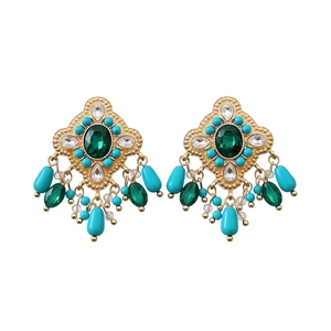 Vintage gold-tone drop earrings with emerald stones, turquoise beads and crystal tassels