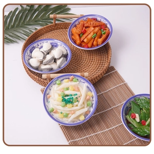 Modelos detallados de comida china 1:1 con cuatro platos variados en cuencos con flores azules