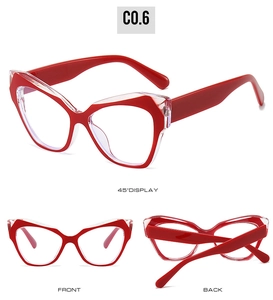 Three-view layout showing front, back, and 45-degree angle of cat-eye frames