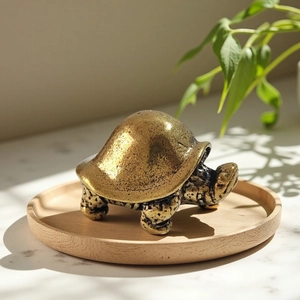 Vintage brass dragon turtle desktop ornament with realistic shell texture on wooden tray